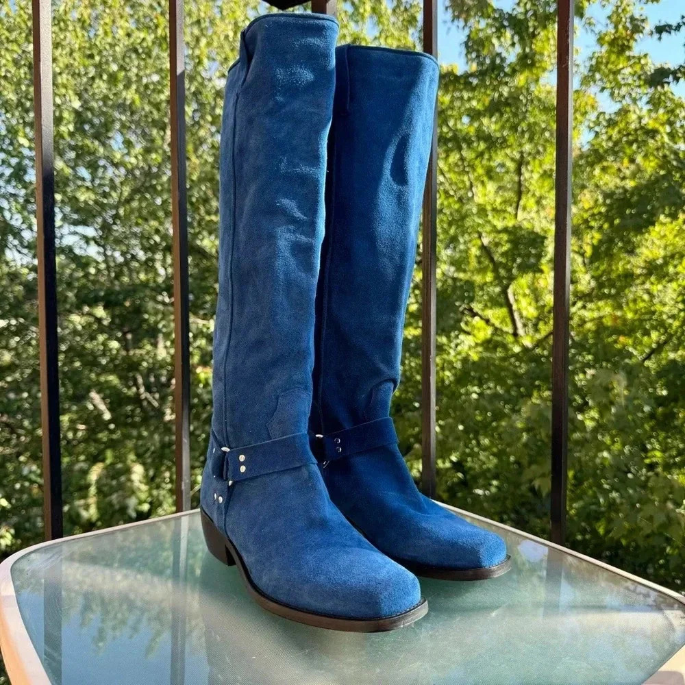 New Free People Suede Knee-High Moto Boots Lockhart Blue Womens Size 6 - Picture 5 of 16